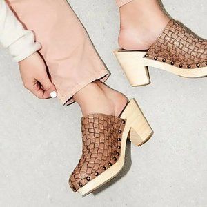 Free People woven leather Adelaide wooden sole platform clogs